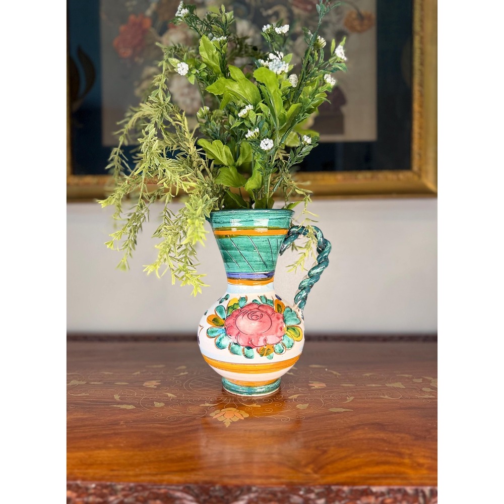 Vintage Italian Sgraffito Pottery Pitcher Teal Floral Braided Handle Italy 8"